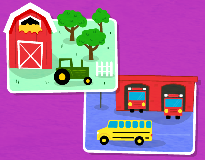 A rectangle containing drawing of a barn, tractor, and trees, and another rectangle with a fire station and school bus.