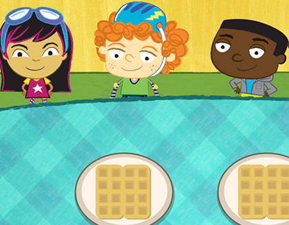 Three cartoon characters look at a table of cartoon waffles.