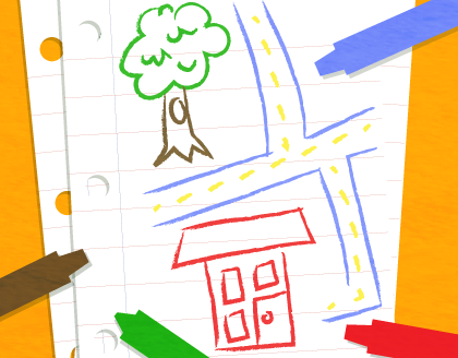 A drawing of a stack of paper and crayons with a tree, house, and streets drawn on the top paper in a children’s style.