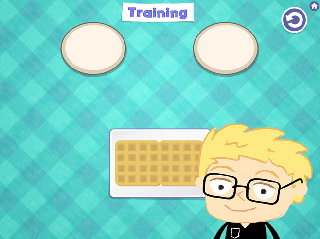 A screenshot from the Breakfast Time app shows a blonde character, waffles on a serving platter, and two empty plates.