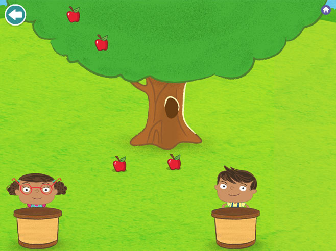 A screenshot from the app shows two characters with baskets, an apple tree, and four apples.