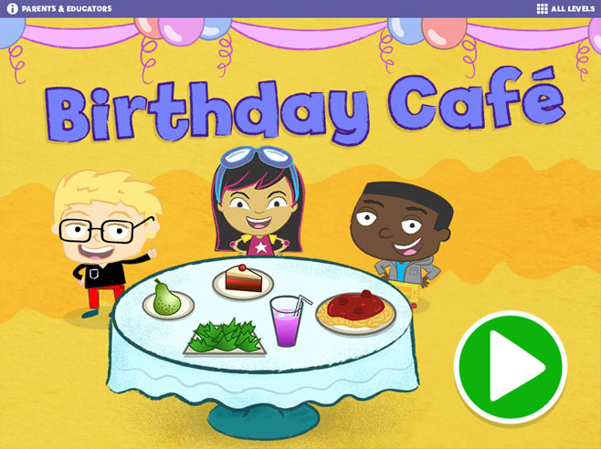 A screenshot of the Gracie and Friends Birthday Cafe app shows three characters sitting at a table with food.