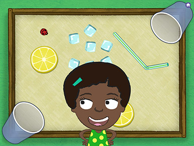 A screenshot from the Early Math with Gracie & Friends Lemonade Stand app shows a cartoon child in a polka-dot dress looking at a ladybug that is on a table with scattered ice cubes, lemon slices, and two cups.