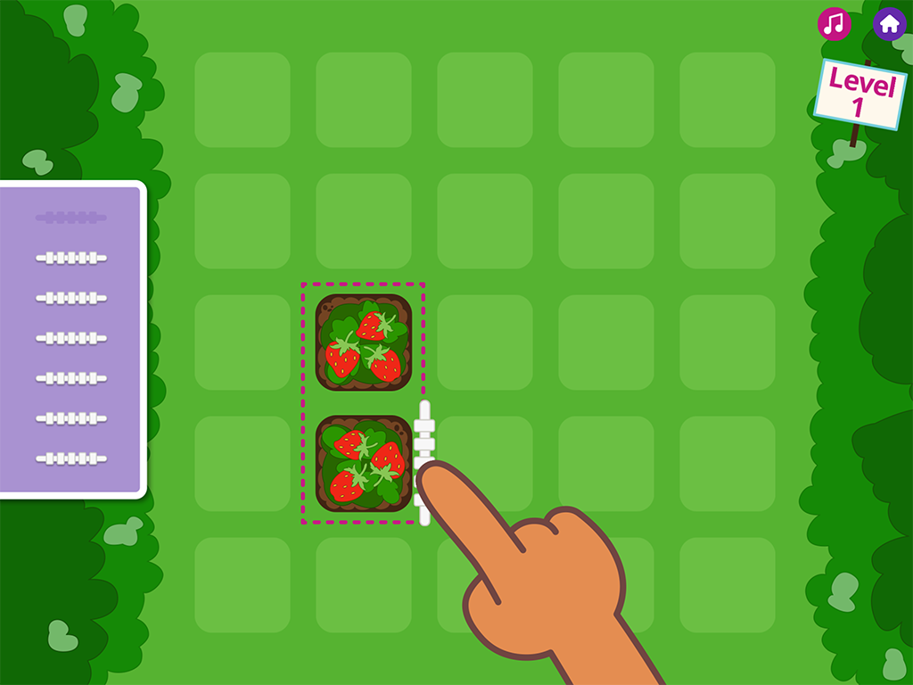An app screenshot with a green field and two patches of berries planted. A flat, cartoon hand demonstrates dragging a piece of fence next to the berries. A small sign says 'Level 1.'