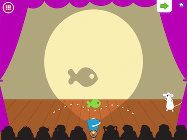 A screenshot from the app showing the Mouse character and a shadow puppet on a theater stage.