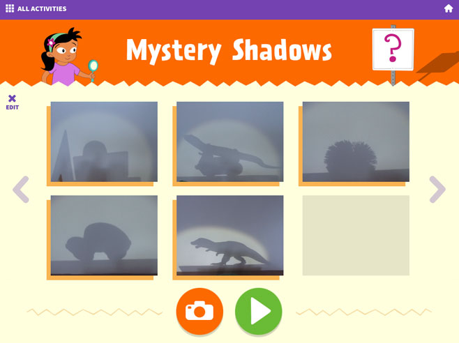 Mystery Shadows app screenshot, showing photos of shadows made by some toys.