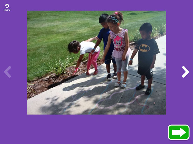 An iPad screenshot showing a photo of four students, outside on a sidewalk, pointing at their own shadows, and at the chalk outlines that have been drawn around them.
