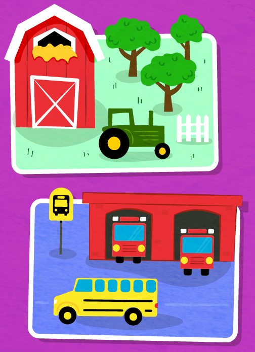 A rectangle containing drawing of a barn, tractor, and trees, and another rectangle with a fire station, school bus, and bus stop sign.