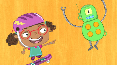 A skateboarding character, a robot, and a circle with three dots.