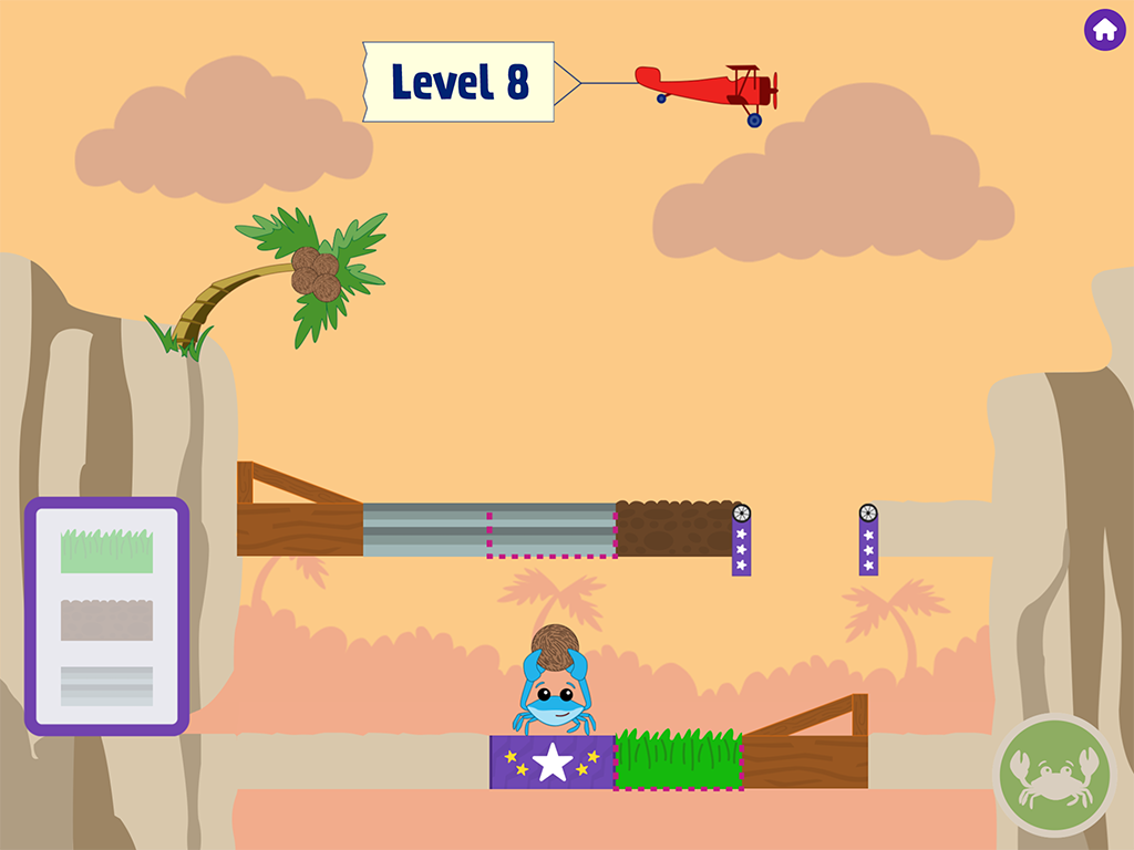An app screenshot with an orange-yellow sky and a bridge made out of different textured pieces spanning between two cliffs. A puzzle is set up with a crab and a coconut. A plane flies above, carrying a small sign says 'Level 8.' 
