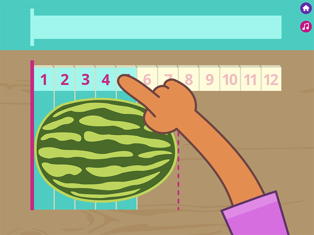 An app screenshot with a watermelon sitting on a wooden table next to a ruler. A flat, cartoon hand demonstrates highlighting the numbers to measure the melon.