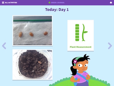 A screenshot from the app of a journal entry page with photos of seeds and a pot of soil.