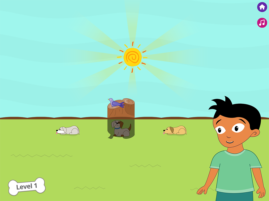 An app screenshot with a park scene including a blue sky with a yellow sun, and green grass with two dogs laying sleepy in the sun and one dog laying in the shade of a tree stump. A bone icon says 'Level 1.'