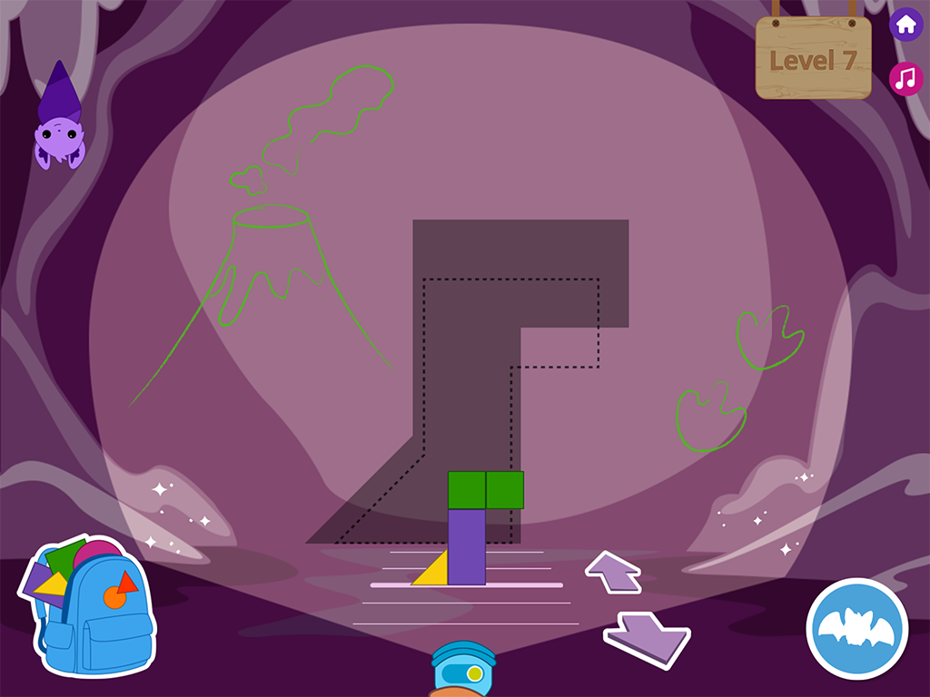 An app screenshot showing a purple cave wall lit up by a flashlight. A couple squares and rectangles are assembled into a dinosaur-like shape, and it's casting a shadow on the wall behind it. 