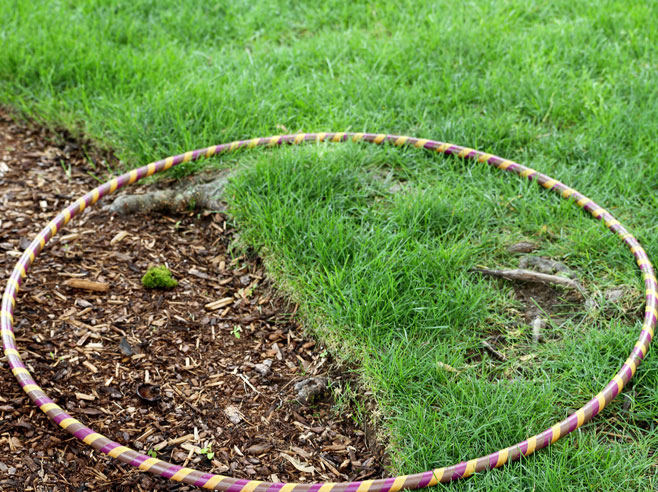 A hula hoop is on the ground to mark off a small space.