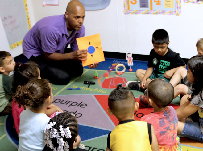 A teacher kneels on the floor and show a rotation map to a group of students seated in a semi-circle around him. The rotation map is a piece of card with a blue circle in the middle and arrows pointing in 4 directions; N, S, E, and W.