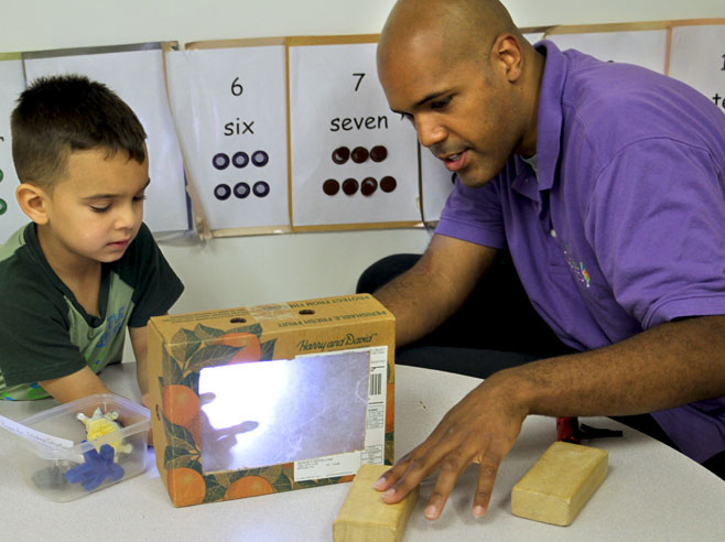 A shadow theatre made of a box lid and wax paper sits on a table. A teacher shines a flashlight on one side of the paper, and a student holds a small object in front of the light, creating a shadow on the wax paper.