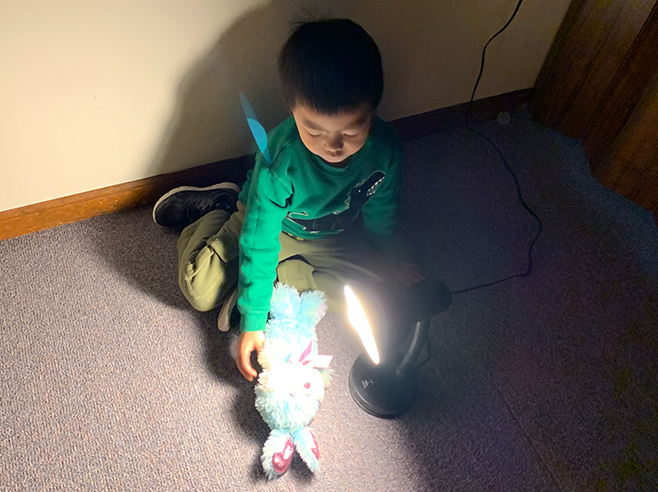 Student shining a light on a stuffed animal.